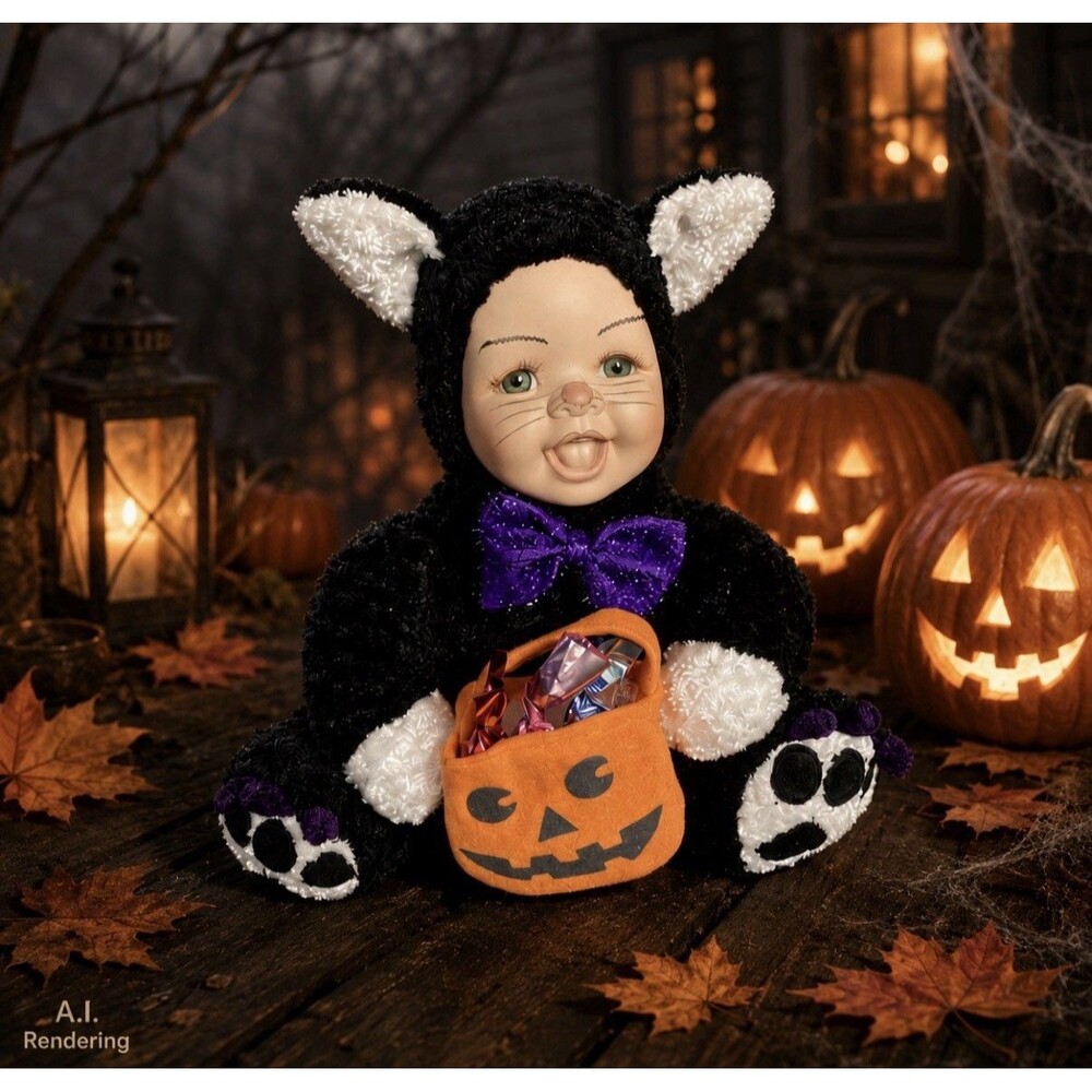 Halloween Black Cat Costume Baby Doll Plush Trick Treat Pumpkin Candy Basket